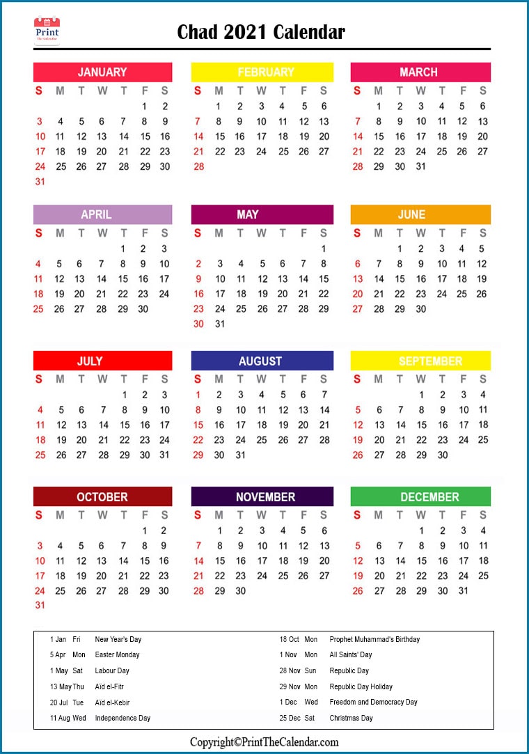Chad Printable Calendar 2021